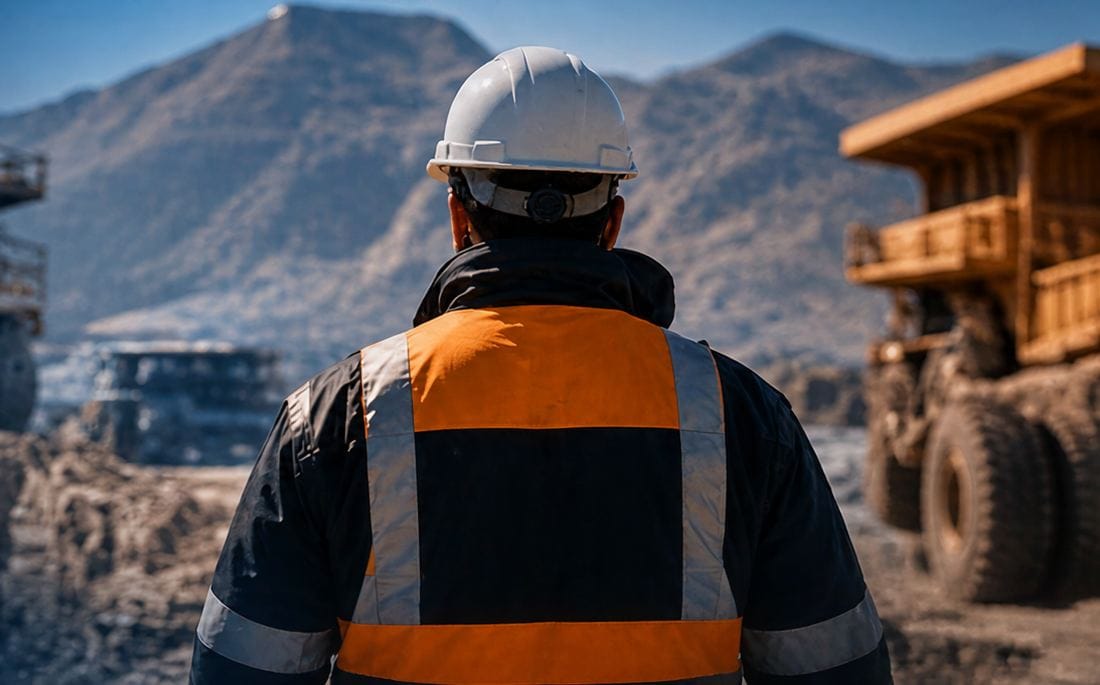 Trabajador minero con casco y chaleco reflectante frente a camiones de extracción en faena